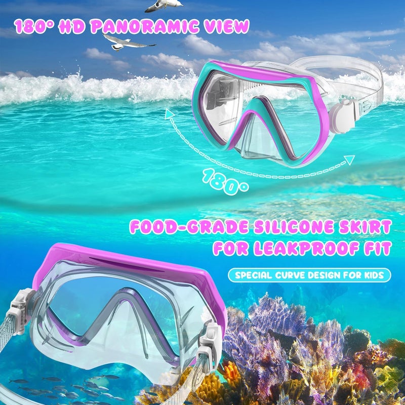 For Shine Snorkeling Gear for Kids, Kid Mask Fins Dry Top Snorkel Set, Youth Boys Girls Junior Age 6-14 Swimming Diving Swim Fins, Tempered Glass Panoramic View Travel Packages - Image 3